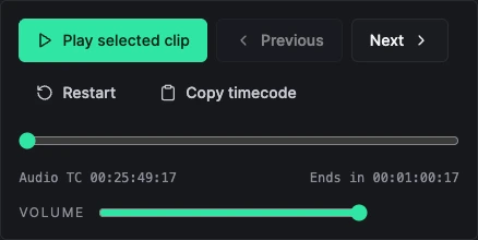 Actual Fumana Clip List playback controls, including play selected clip, navigation and copy timecode.