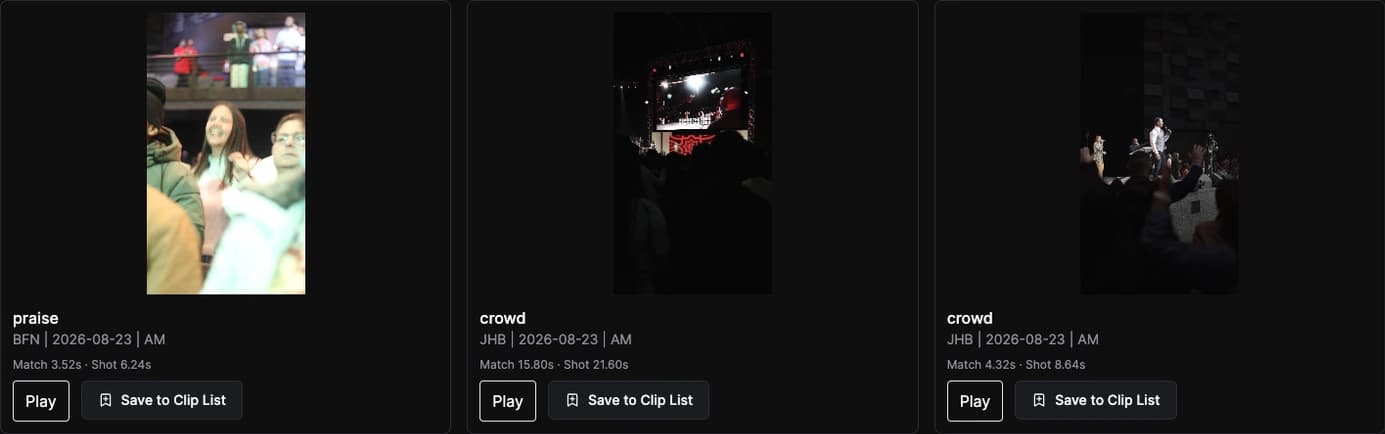 Three actual visual search results with source playback and Save to Clip List controls.