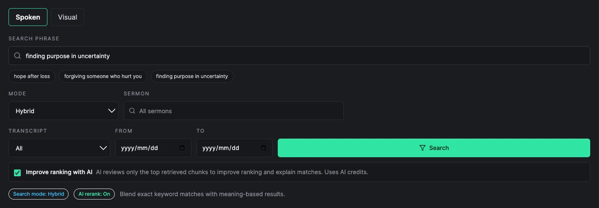 Actual Fumana spoken search controls with a natural-language query, hybrid search mode and optional AI ranking.